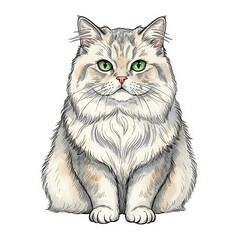 Fototapeta premium Fluffy Persian Cat Portrait with Emerald Green Eyes Detailed Watercolor Illustration
