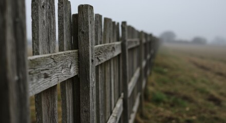 Rustic Weathered Wooden Fence in Foggy Field