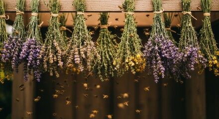 Dried Lavender and Herbs Hanging with Busy Bees