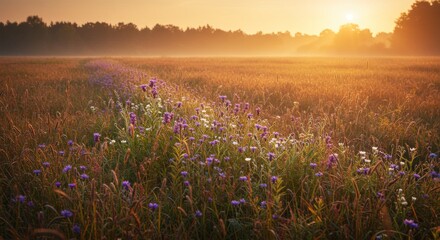 Sunrise Over a Field of Purple Wildflowers