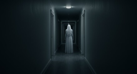 Ghostly Woman in White Dress in Dark Hallway