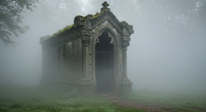 Ancient Stone Mausoleum Shrouded in Fog