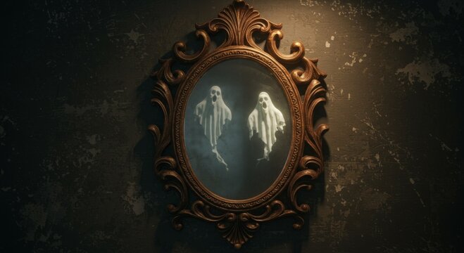 Two Ghosts Reflected In Antique Mirror