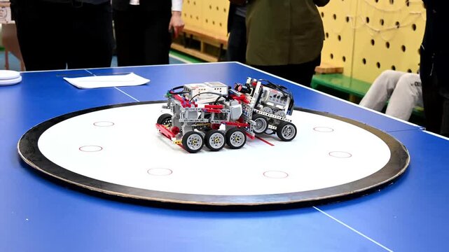 two construction robots collide in a white ring