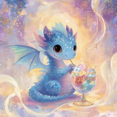 Cute Blue Dragon Drinking from a Magic Glass – Whimsical Fantasy Illustration