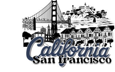 San Francisco California City Line Art Design, Minimal Urban Illustration with Golden Gate Bridge and Cityscape Typography