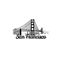 San Francisco California City Line Art Design, Minimal Urban Illustration with Golden Gate Bridge and Cityscape Typography