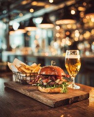 Gourmet bacon cheeseburger served with crispy fries and beer in modern restaurant setting