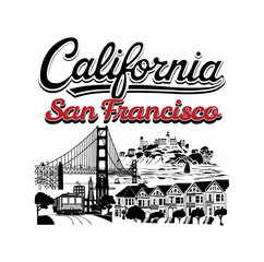 San Francisco California City Line Art Design, Minimal Urban Illustration with Golden Gate Bridge and Cityscape Typography