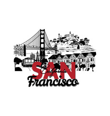 Fototapeta premium San Francisco California City Line Art Design, Minimal Urban Illustration with Golden Gate Bridge and Cityscape Typography