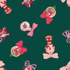 Christmas Ornament Seamless Pattern on Green Background. Design for fabrics, textiles, wallpaper, packaging.