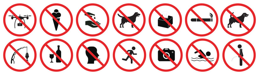 No entry prohibition signs set for public spaces vector illustration, No symbol vector icons collection for rules, Safety prohibition sign bundle with no entry icons,  vector icons​