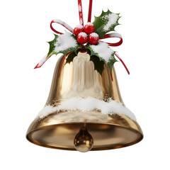 Golden Christmas bell with holly and snow for festive holiday designs