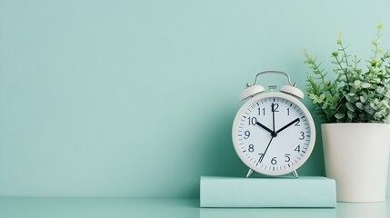 A serene clock and plant on a teal background.
