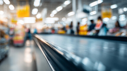 Fototapeta premium Conveyor Belt Surface in a Brightly Blurred Retail Environment, Generative AI