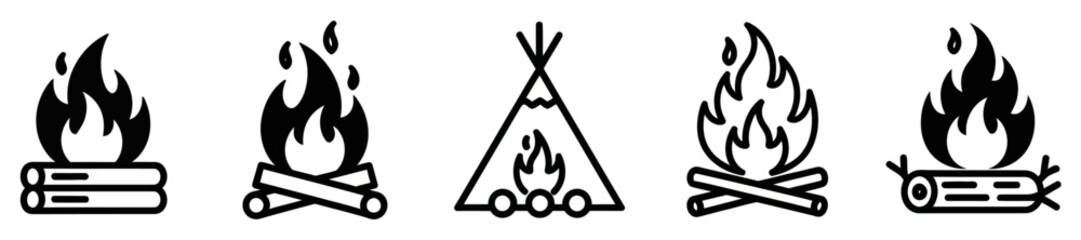 Illustration of campfires and a teepee with a fire inside, in black and white.