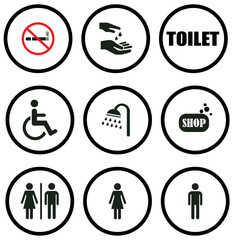 Public restroom icons set for signage and facility design, restroom and amenities icon set for public places, restroom icons set for signage and accessibility