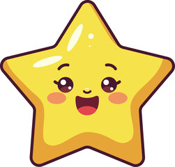 Adorable yellow star cartoon with a happy smiling face, bright eyes, and rosy cheeks. This cheerful kawaii style illustration conveys joy, positivity, and playfulness for kids and creative designs.