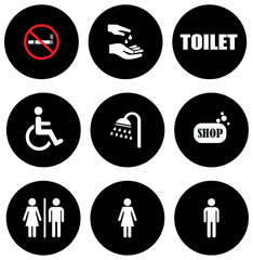 Toilet, shower, and washroom symbols for public spaces vector, Restroom and washroom icon set, clean modern style, Restroom icons set for public signage and facility navigation, vector icons