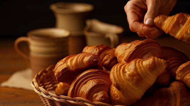 A warmly lit assortment of flaky croissants in a woven basket on a rustic wooden table