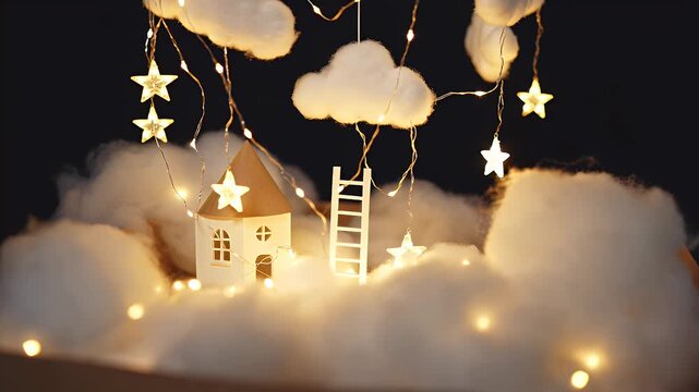 A Whimsical Nighttime Scene with a Miniature House Amid Soft Cloudlike Orbs and Starry Lights