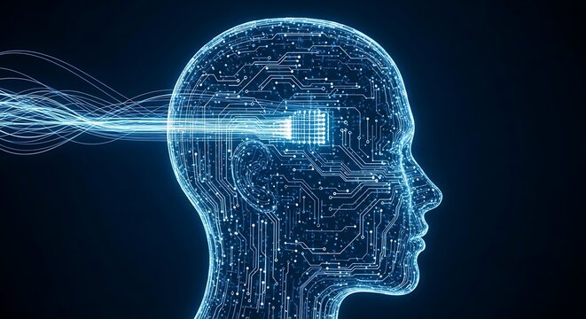Digital human head with glowing circuit patterns and data stream entering a processor chip.