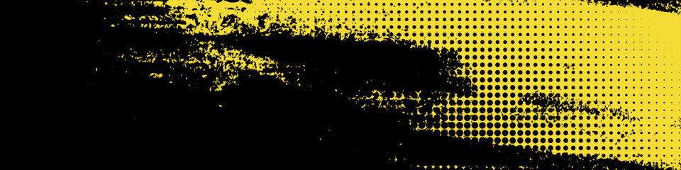Illustration of dynamic yellow grunge brush strokes combined with halftone dot texture on a black background. Bold and energetic composition ideal for modern design elements and backdrops.
