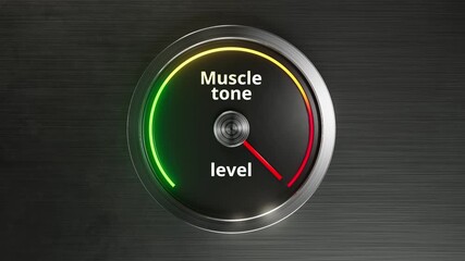 gym equipment displaying muscle tone with colorcoded indicators, closeup of metallic gauge showing muscle activation levels with illuminated display and calibration tools for therapy