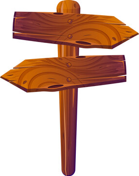 Illustration of a cartoon style wooden direction signpost featuring a textured arrow plank mounted on a vertical wooden pole. Ideal for games, maps, or adventure themed designs.