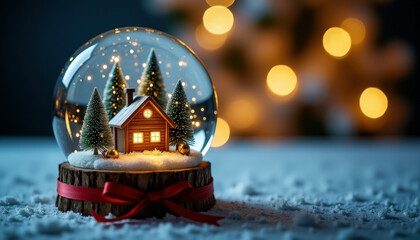 Festive holiday ornament with miniature house and snowy trees inside glass globe with warm glowing lights for christmas celebration