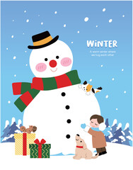 파란색 눈 덮인 산, 눈사람을 안고 있는 사람과 동물