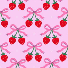 Seamless pattern with strawberries and bows. vector graphics.