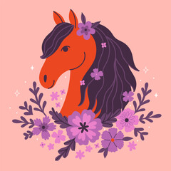Portrait of a horse and purple flowers on a beige background. vector graphics.