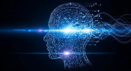 Fototapeta premium Artificial intelligence head with glowing light beams and digital data.