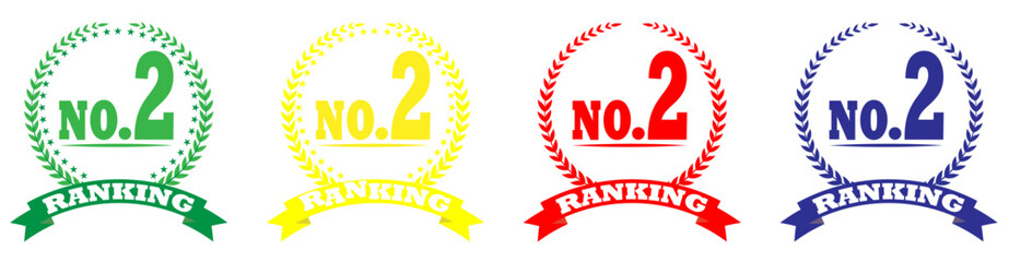 Laurel wreath no 2 ranking badge vector icon, No.2 ranking badge certificate achievement award vector, Best no.2 ranking award badge isolated vector, Colorful award badge no.2 ranking vector set