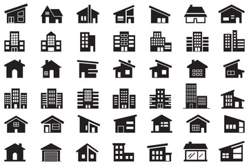 illustrated house and building icons, unique property and home vector pack for web design, Minimal house and apartment vector symbols, perfect for realty, mortgage and property business, vector icons
