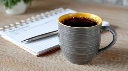 Coffee cup with dark beverage sits beside an open notebook featuring a to-do list and a pen, symbolizing productivity and organization in a cozy workspace