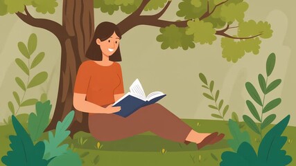Young woman enjoying a book outdoors under a lush green tree, surrounded by nature and plants, a moment of peaceful reading and relaxation