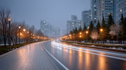 Obraz premium Long Exposure City Traffic Streaks on Wet Road Lined with Streetlights and Modern Buildings at Dusk