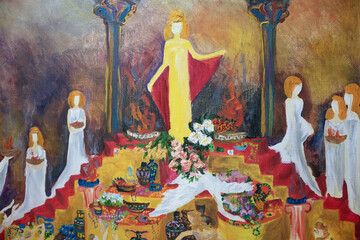 Original painting. Sacrament rite at the altar closeup. Sacrifices and offerings pagan idol with priests fine art illustration.