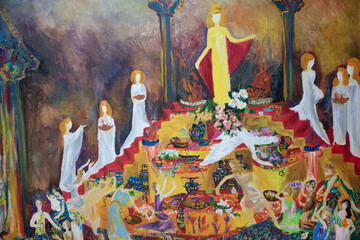 Perform holy rites at the altar with sacrifices Genre painting. Pagan priests at the ceremony. Ancient Greece philosopher Diogenes crush a flea on altar his only one offering to the gods.