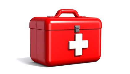 Obraz premium Red first aid box icon with white cross symbol, healthcare and emergency kit concept, isolated on white background