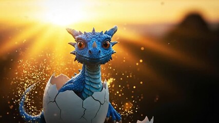 Blue Baby Dragon Sitting in Warm Golden Sunset Light