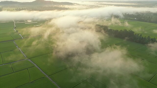 Aerial View Over Vast Green Farmland Shrouded by Low-Lying Morning Fog at Dawn