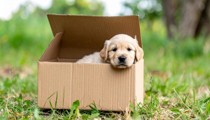 箱の中に入ったゴールデンレトリバーの子犬