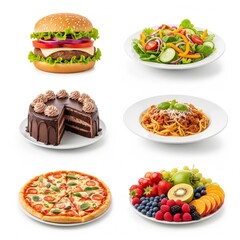 A vibrant array of delicious meals including a burger, salad, cake, pasta, pizza, and fresh fruit showcasing diverse culinary options.