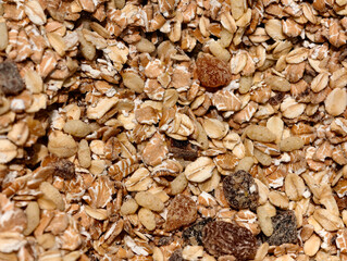 close-up texture of muesli or granola, detail mixture of oats