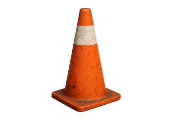 Orange plastic traffic cone, white stripe, standing upright, indicating caution or a work zone, transparent background