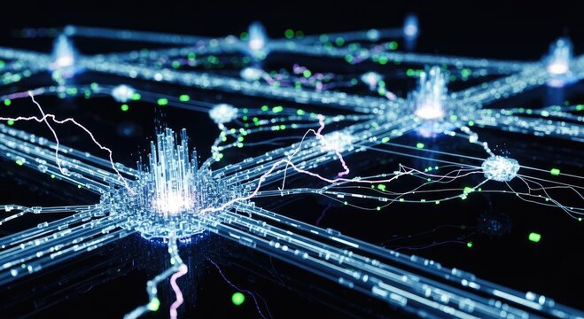 Abstract network connection with glowing nodes and lightning effects