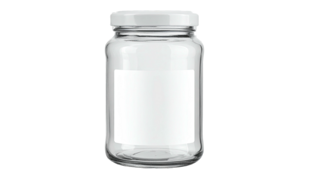 Clear glass jar with white lid and blank label on dark background
